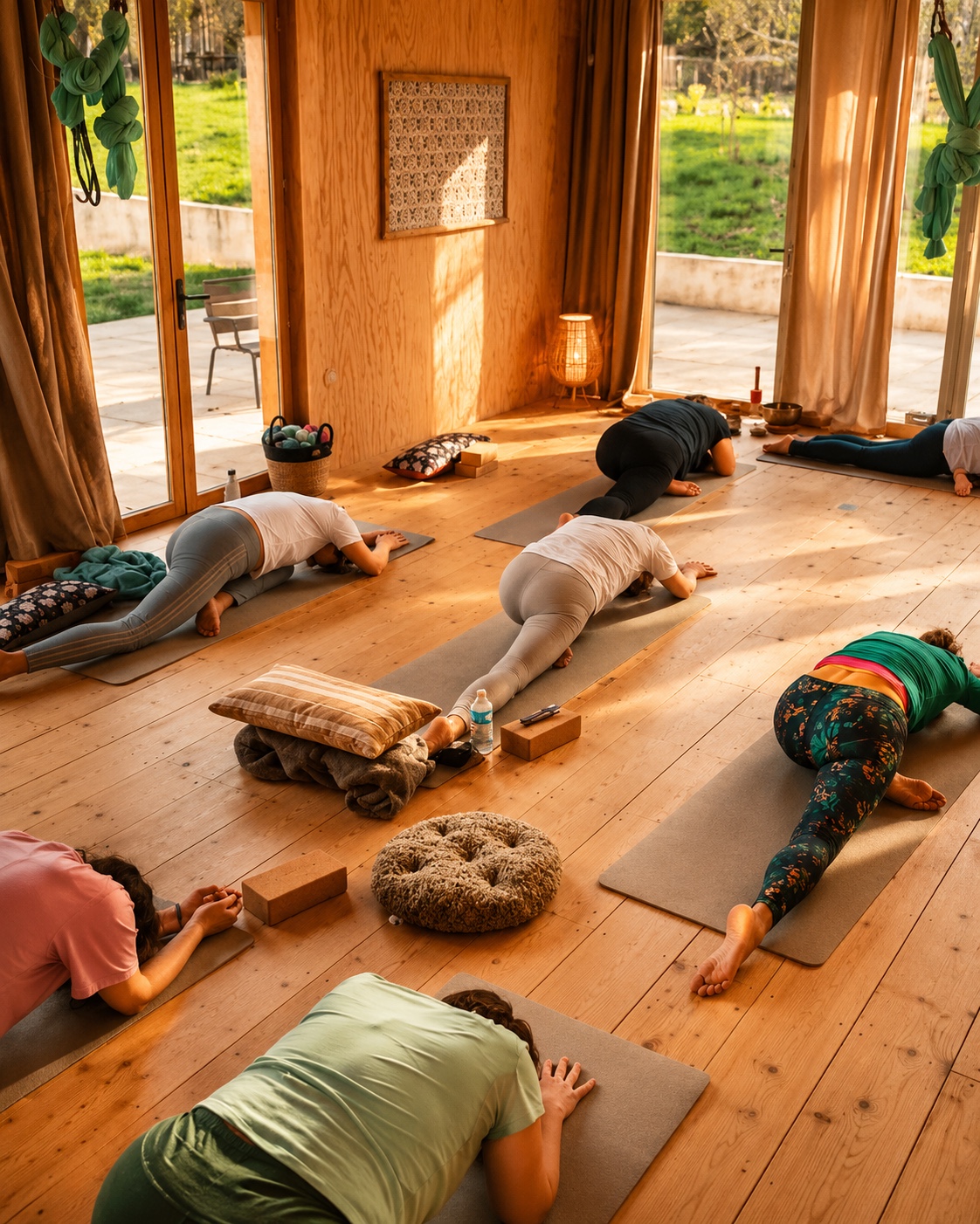 Séance de yoga en petit groupe dans la salle du séjour en Normandie